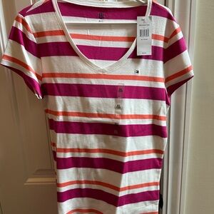 Tommy Hilfiger Pink and Orange Striped V-Neck Tee